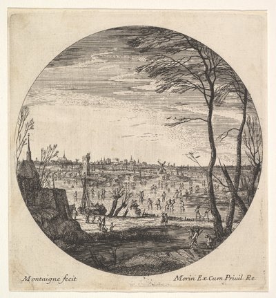 Winter Landscape with Figures Skating on a Frozen Body of Water in a Roundel Composition by Matthieu van Plattenberg